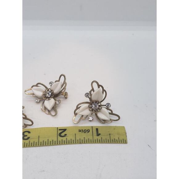 Vintage Floral Thermoset Rhinestone Brooch & Clip On Earrings Set 1950s - Picture 12 of 14